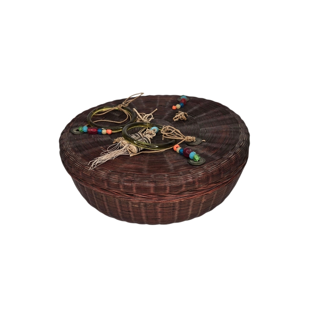 Antique CHINESE Sewing BASKET w art glass Beads Coins Tassel Vintage 11.5"